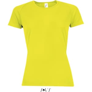 A women's sporty T-shirt with raglan sleeves in bright yellow, made from 100% breathable polyester. Features a logo.