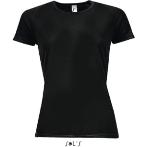 A women's black raglan sleeve T-shirt made from 100% breathable polyester, featuring a logo.