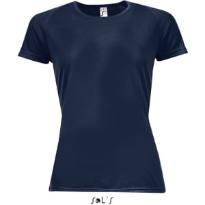 A women's navy raglan sleeve T-shirt made from 100% breathable polyester, featuring a logo.