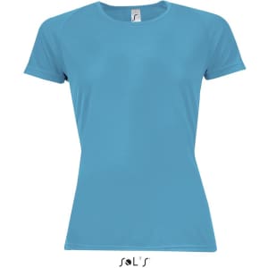 A women's raglan sleeve T-shirt in a light blue colour, made from 100% breathable polyester, featuring a logo.