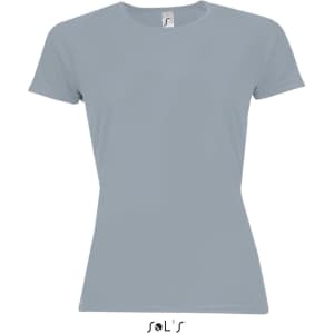 A women's raglan sleeve T-shirt in light blue, made from 100% breathable polyester, featuring a logo.