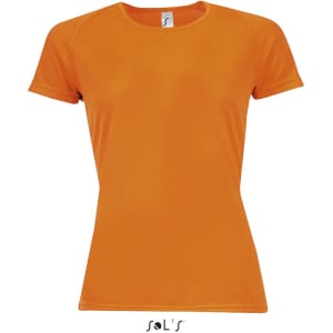 A women's raglan sleeve T-shirt in bright orange, made of 100% breathable polyester, featuring a logo.