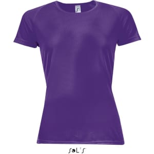 A women's raglan sleeve T-shirt in vibrant purple, made from 100% breathable polyester, featuring a logo.
