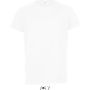 A plain white T-shirt made of 100% breathable polyester, featuring a logo.