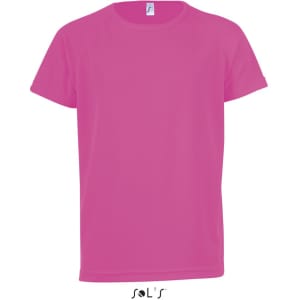 A pink T-shirt made of 100% breathable polyester, featuring a logo on the label. Suitable for kids.