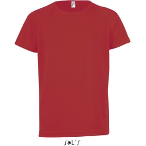 A red T-shirt made of 100% breathable polyester, featuring a logo. Suitable for sporty activities.