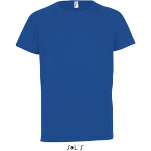 A blue kids' T-shirt made from 100% breathable polyester, featuring a logo at the neckline.