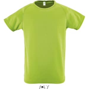 A green sporty T-shirt made of 100% breathable polyester, featuring a logo on the label.