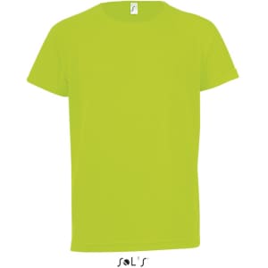 A bright lime green T-shirt made of 100% breathable polyester, featuring a logo.