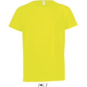 A bright yellow kids' T-shirt made from 100% breathable polyester, featuring a label and logo.