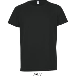 A black sporty T-shirt made from 100% breathable polyester, featuring a logo on the label.