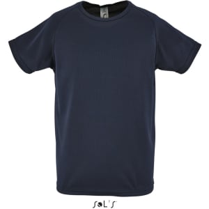 A navy blue kids' t-shirt made of 100% breathable polyester with short sleeves and a logo.