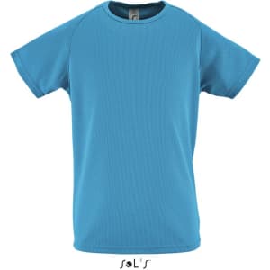 A blue kids' T-shirt made from 100% breathable polyester, featuring a logo.