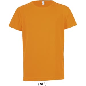 Orange sporty T-shirt for kids made from 100% breathable polyester, featuring a logo on the collar area.