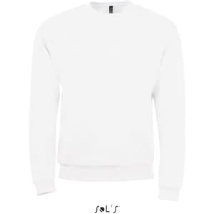 A white sweatshirt featuring a crew neckline and long sleeves, with a logo on the neck.