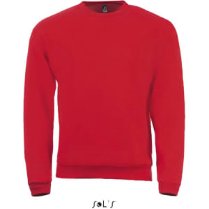 A red crew neck sweatshirt made of 50% cotton and 50% polyester, featuring a branded logo.
