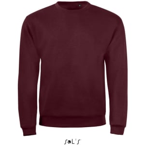 A maroon sweatshirt featuring a crew neck, long sleeves, and a brand logo on the lower front.