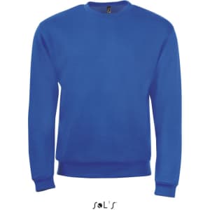 A blue sweatshirt made of 50% cotton and 50% polyester, featuring a logo on the label.