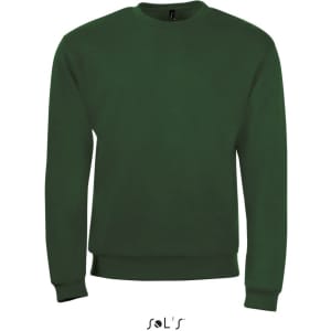 A green sweatshirt made of 50% cotton and 50% polyester, featuring a logo on the label.