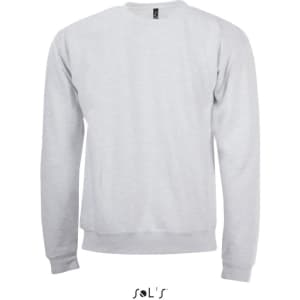 A grey men's sweatshirt made of 50% cotton and 50% polyester, featuring a logo on the back.