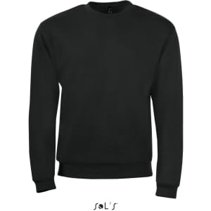 A black sweatshirt made of 50% cotton and 50% polyester, featuring a logo on the front.