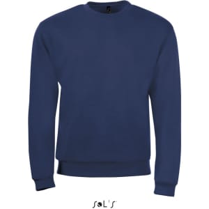 A navy blue men's sweatshirt made of 50% cotton and 50% polyester, featuring a logo on the neck.