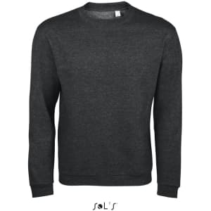 A dark grey men's sweatshirt made of 50% cotton and 50% polyester, featuring a simple design and a logo.
