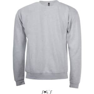 A grey sweatshirt made from 50% cotton and 50% polyester, featuring a branding label on the back.