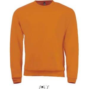 An orange men's sweatshirt made from 50% cotton and 50% polyester, featuring a logo.