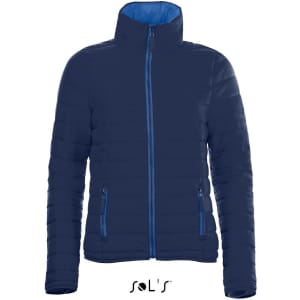 A women's padded jacket in navy blue with a contrasting blue interior and zipped pockets. It has a logo at the bottom.