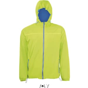 A unisex hoodie in bright yellow nylon, featuring a hood and blue lining, with zippers and an understated logo.