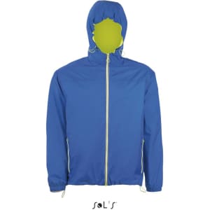 A blue unisex hoodie made of 210T nylon, featuring a windproof and waterproof design with a green hood lining.