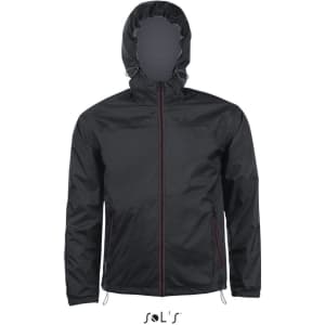 A black unisex hoodie made from 210T nylon, featuring a water and windproof design and a hood.