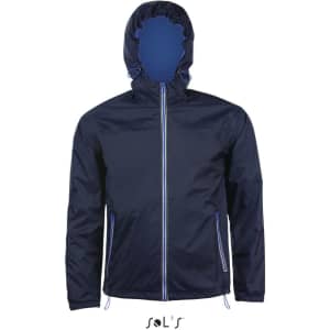 A unisex navy hoodie made from 210T nylon, water and windproof, featuring a hood and contrasting zips.