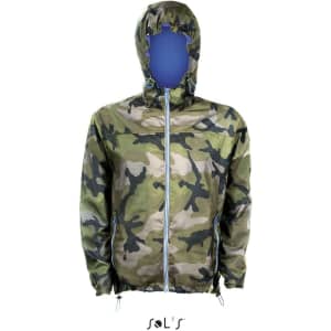 A camouflage unisex hoodie made from 210T nylon, water and windproof, featuring a hood and a zippered front.