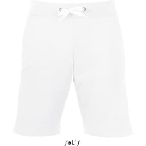 A pair of white casual shorts for men featuring an elastic waistband and drawstring. Includes a logo.
