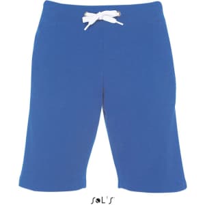 Casual blue shorts for men with a white drawstring, featuring a logo at the bottom.
