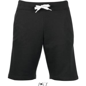 Casual men's shorts in black with a white drawstring and pockets. Features a branding logo on the lower front.