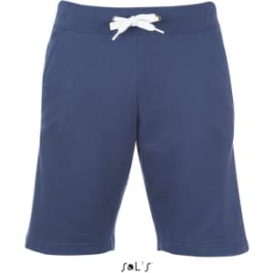 A pair of navy blue casual men's shorts with a white drawstring and pockets, featuring a logo at the bottom.