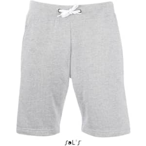 Casual men's shorts in light grey with a drawstring waist and two pockets, featuring a logo on the lower part.