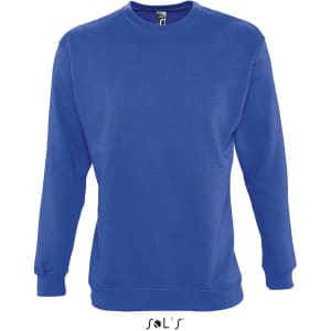 A unisex blue sweatshirt made of 80% cotton and 20% polyester with long sleeves and a crew neck.