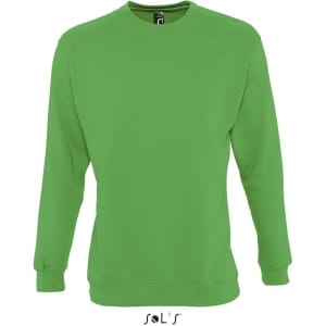 A green unisex sweatshirt made of 80% cotton and 20% polyester, featuring a logo on the collar.