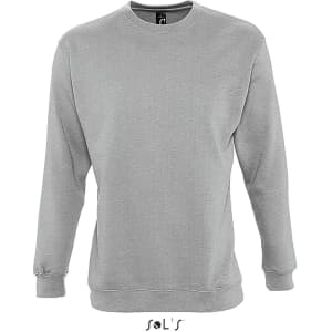 A grey unisex sweatshirt made from 80% cotton and 20% polyester, featuring a logo on the front.