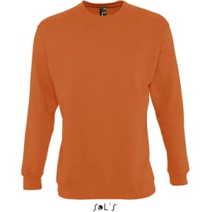 An orange unisex sweatshirt made from 80% cotton and 20% polyester, featuring a logo.
