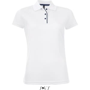A white women's polo shirt made of polyester, featuring a navy collar and buttons, with a logo at the bottom.