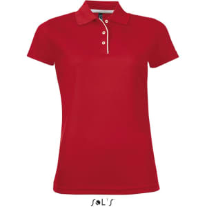 A red women's polo shirt made of polyester with a collar and short sleeves, featuring a logo.