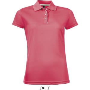 A pink women's polo shirt made of sports polyester, featuring a collar and a logo.