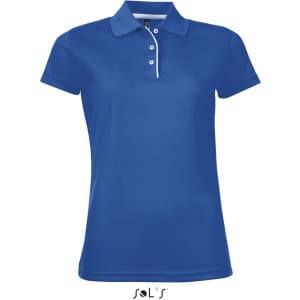A blue women's polo shirt in polyester, featuring a collar and a branded label.