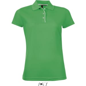A women's polo shirt in vibrant green polyester with a collar, featuring a logo.