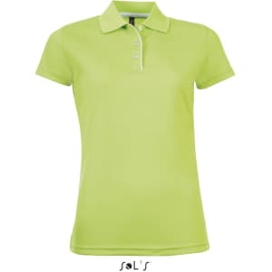 A light green women's polo shirt made of polyester, featuring a collar and a branded logo.